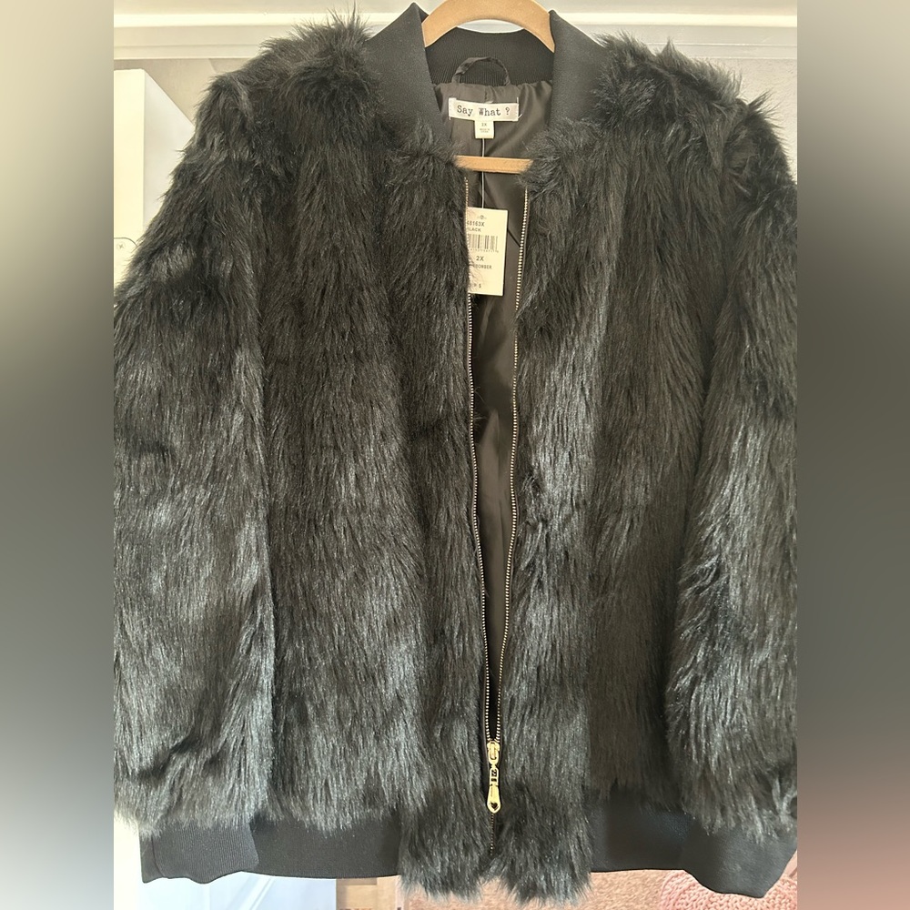 Say What? Fur Bomber Jacket, 2X, black